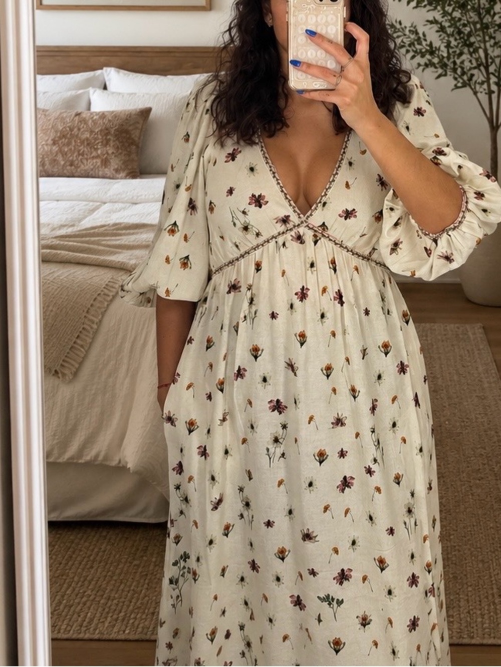 Max Studio London Floral Boho Maxi Dress Cream Long Sleeve Cottagecore Small